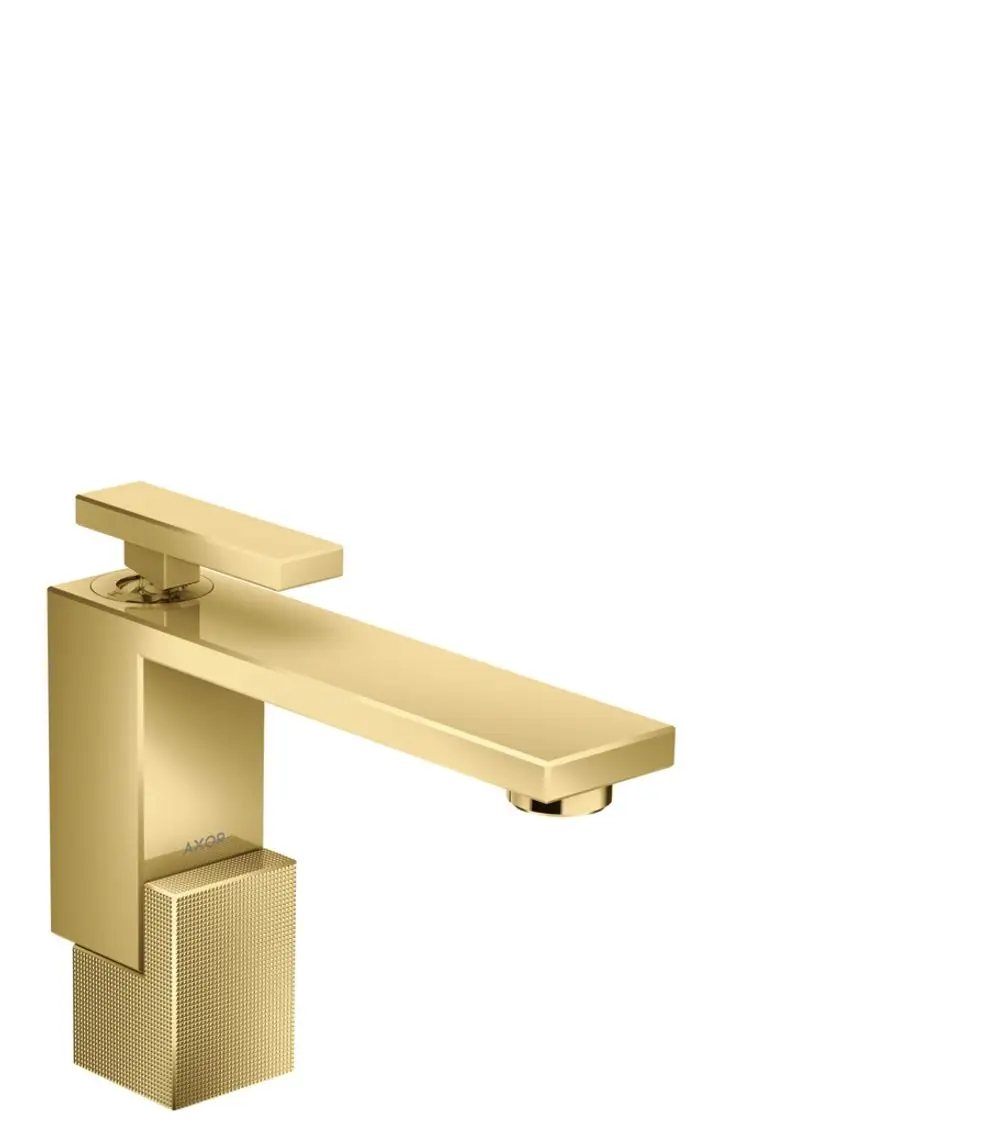 Einhebel-Waschtischmischer in goldfarbener Optik mit rechteckigem Design und Push-Open Ablaufgarnitur von AXOR.